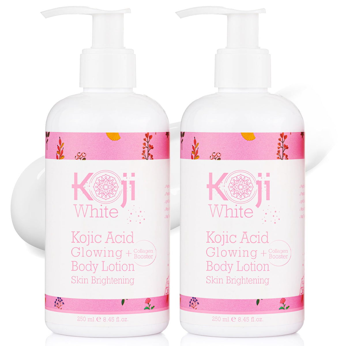 Koji White body lotion bottle front view highlighting premium packaging and product name
