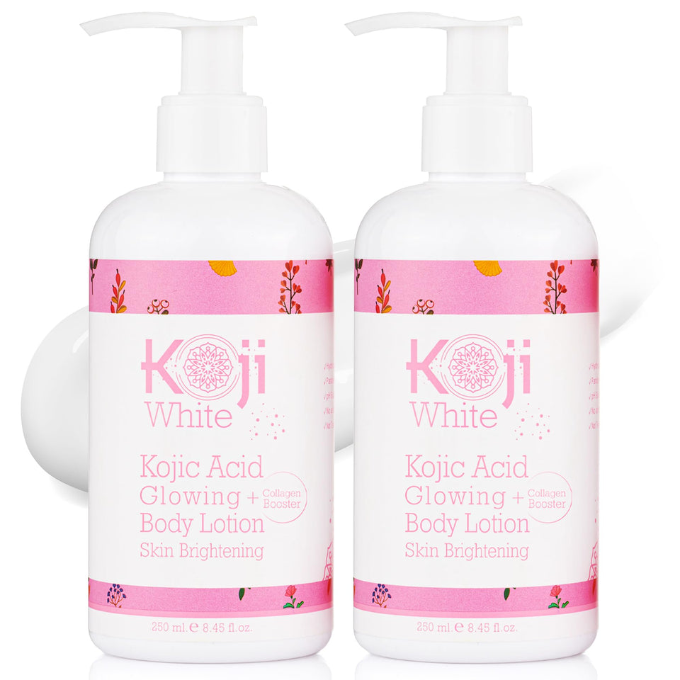 Koji White body lotion bottle front view highlighting premium packaging and product name