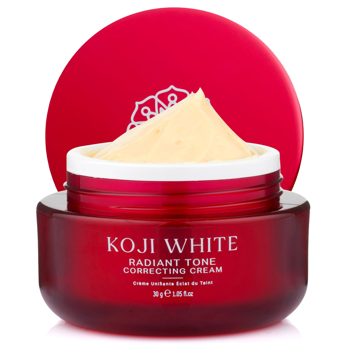 Koji White bottle displaying 1% Kojic Acid Cream for even-toned skin.