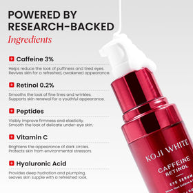 Koji White eye serum retinol texture closeup signals noticeable skin refinement over time.