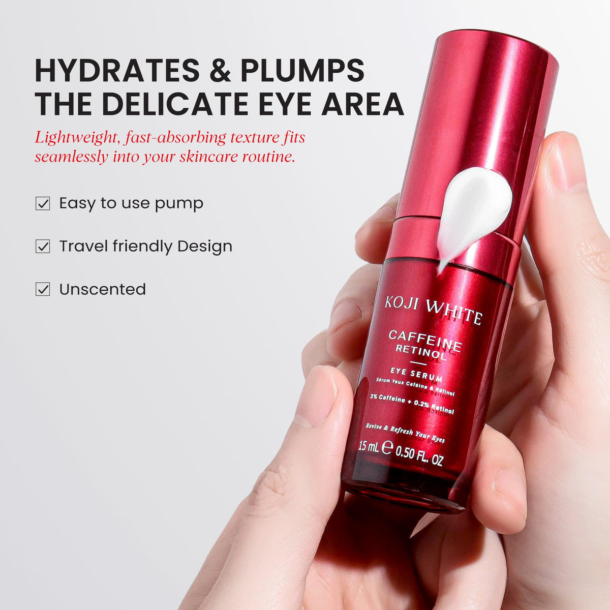 Koji White eye serum vitamin C brightness shot suggests radiant-looking under-eye effect.