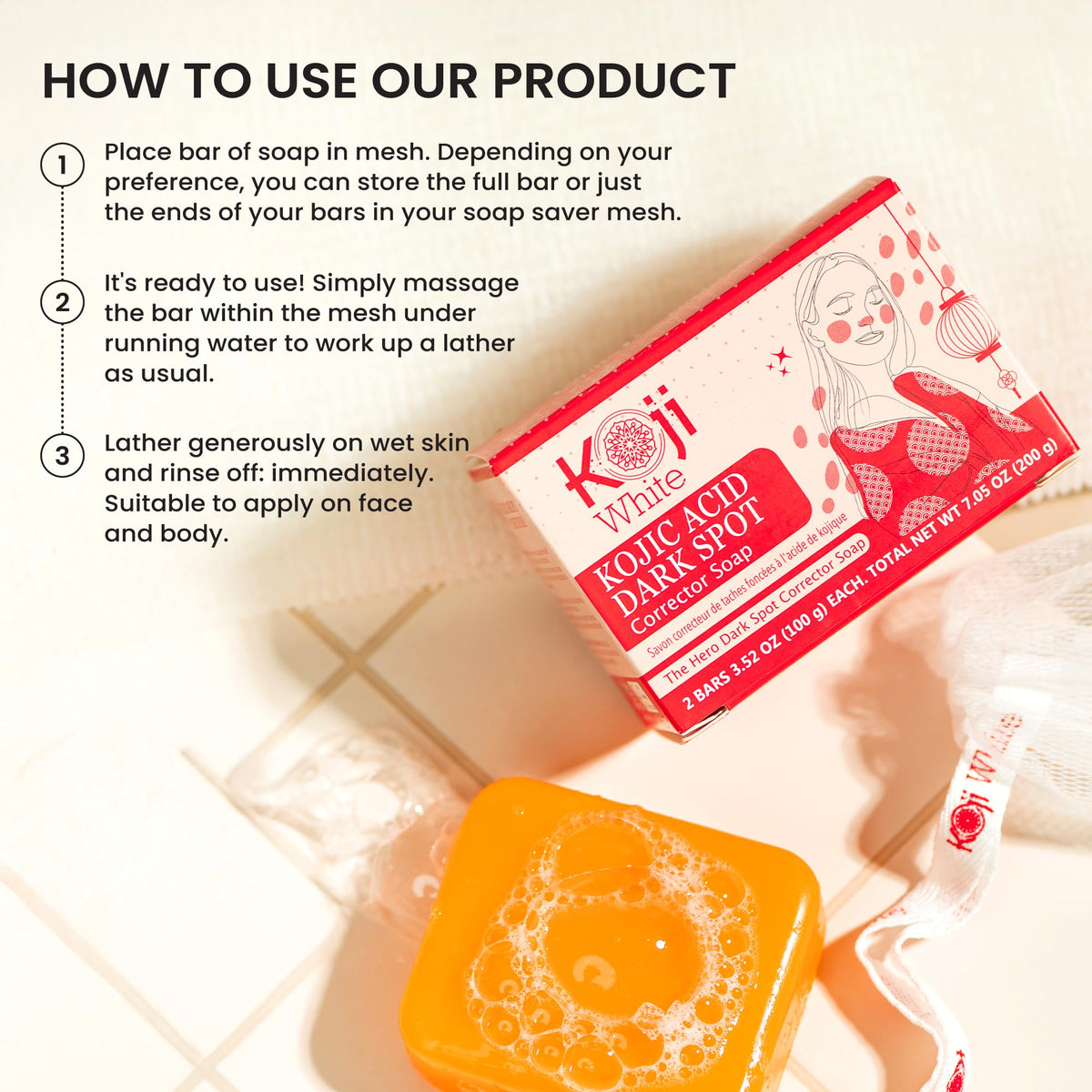 Koji White cleansing bar for face and body in daily routine setup.