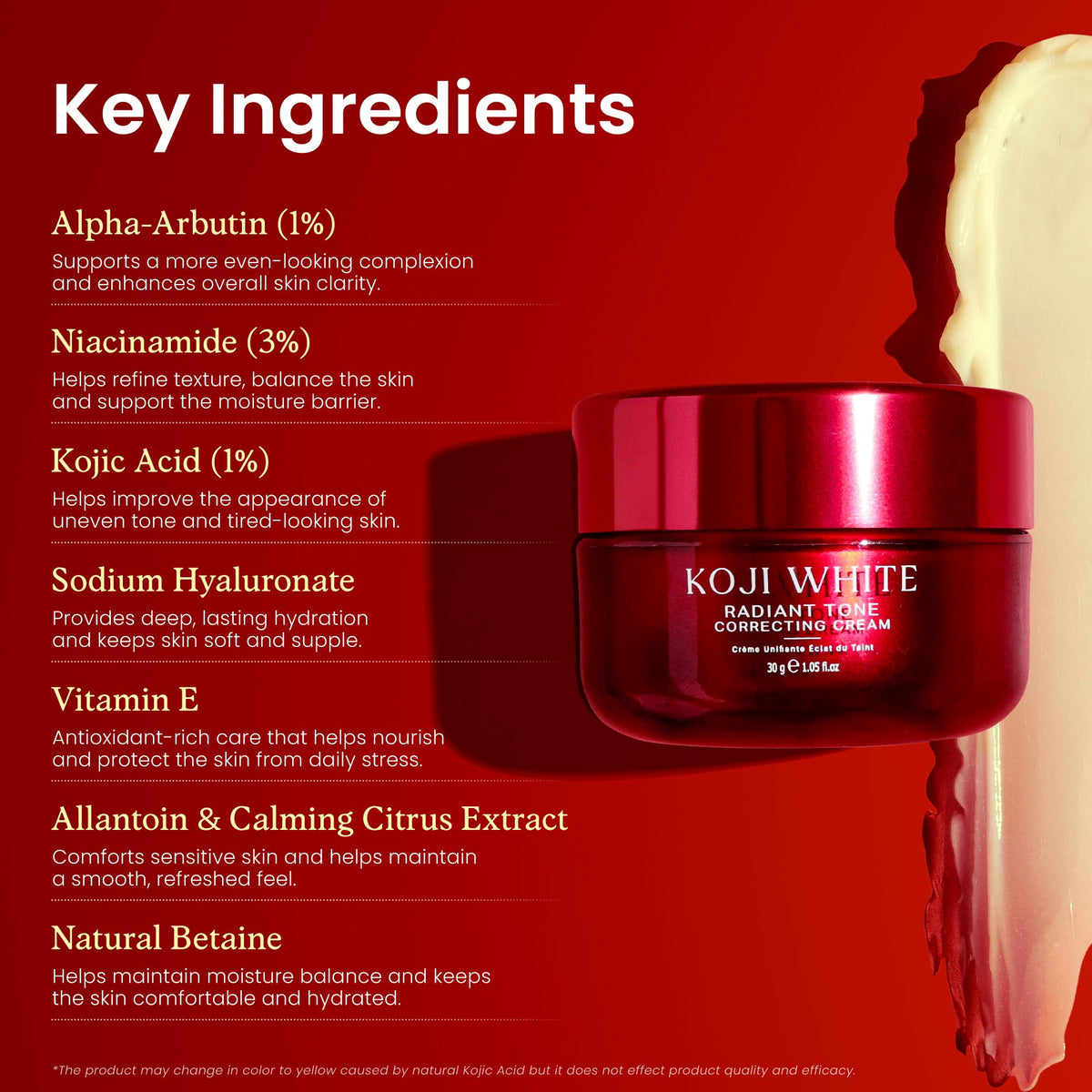 Koji White packaging highlighting alpha-arbutin and niacinamide ingredients.