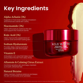Koji White packaging highlighting alpha-arbutin and niacinamide ingredients.