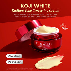 Koji White jar of cream with 1% Kojic Acid and alpha-arbutin benefits.