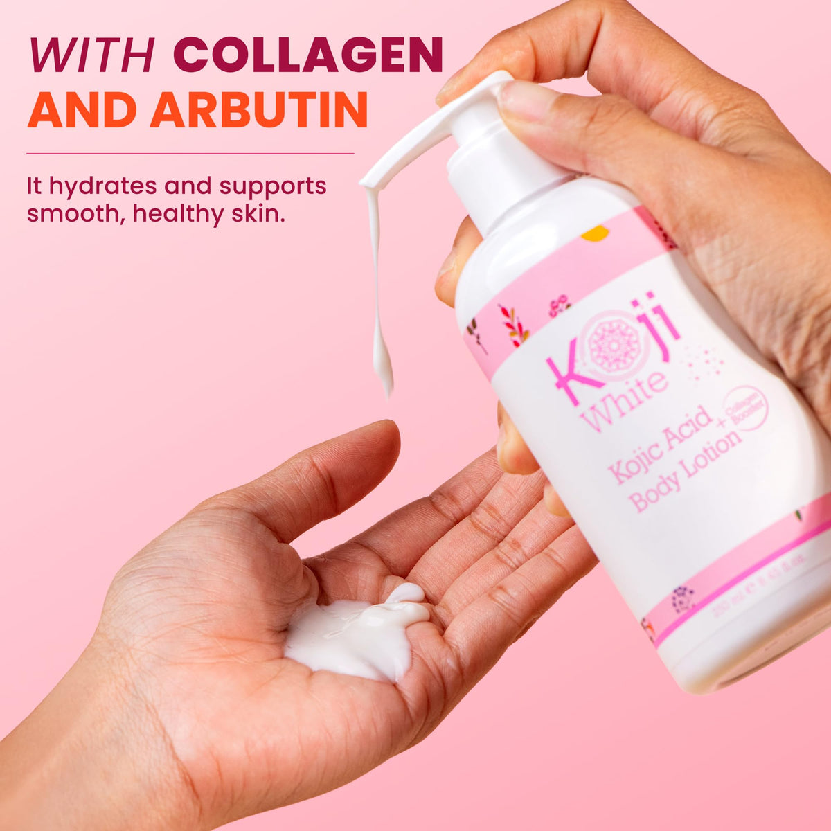 Koji White body lotion being applied to hands for daily moisture