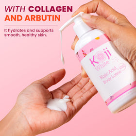 Koji White body lotion being applied to hands for daily moisture