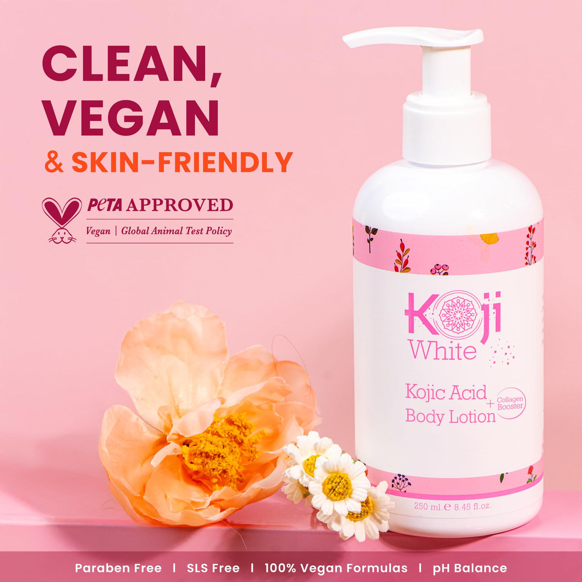 Koji White lotion label closeup highlighting paraben-free and pH-balanced formula