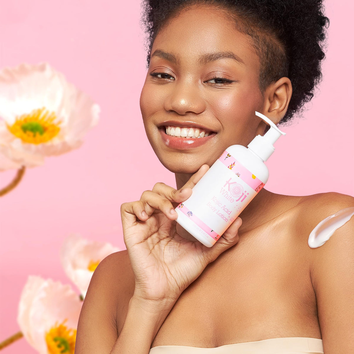 Koji White lotion swirl illustrating smooth even-looking skin after use