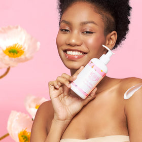 Koji White lotion swirl illustrating smooth even-looking skin after use