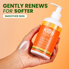 Koji White lotion being applied to skin for absorption.
