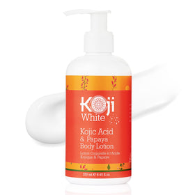 Koji White bottle highlighting kojic acid papaya hydration for daily use.