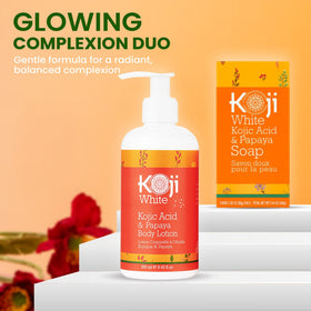 Koji White bottle against sun-kissed skin backdrop.