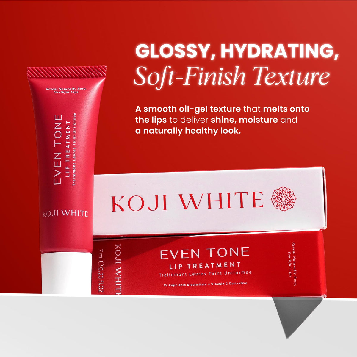 Koji White lip treatment swatch on arm demonstrates a clear, hydrating finish.