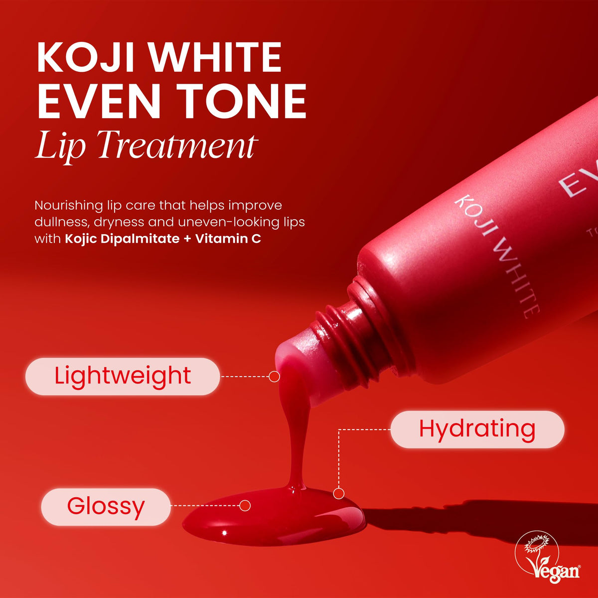 Koji White packaging emphasizes vegan formula for sensitive lips.