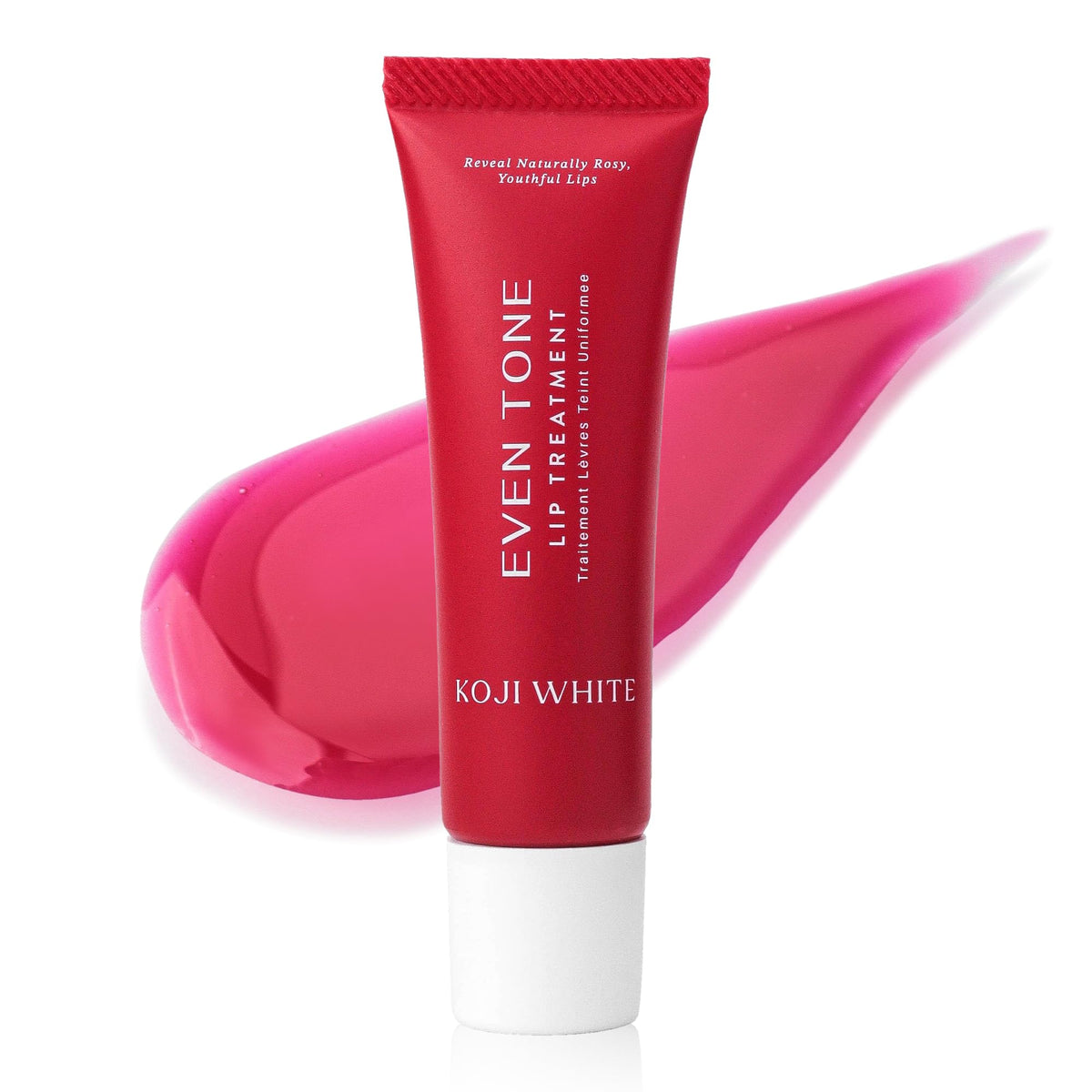Koji White lip treatment tube closeup highlights compact, hydrating lip care.