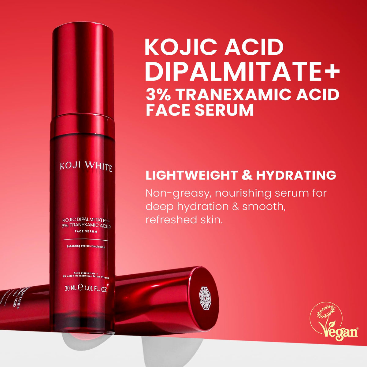 Koji White serum packaging front showing vegan, fragrance-free formula