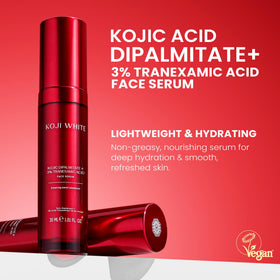 Koji White serum packaging front showing vegan, fragrance-free formula