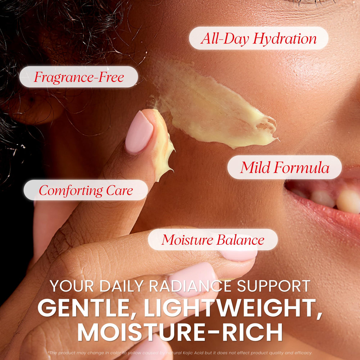 Koji White ingredient panel featuring Vitamin E and hyaluronic acid.