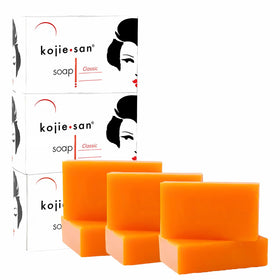Kojie San skin brightening soap packaging shows the original Kojic Acid bar.