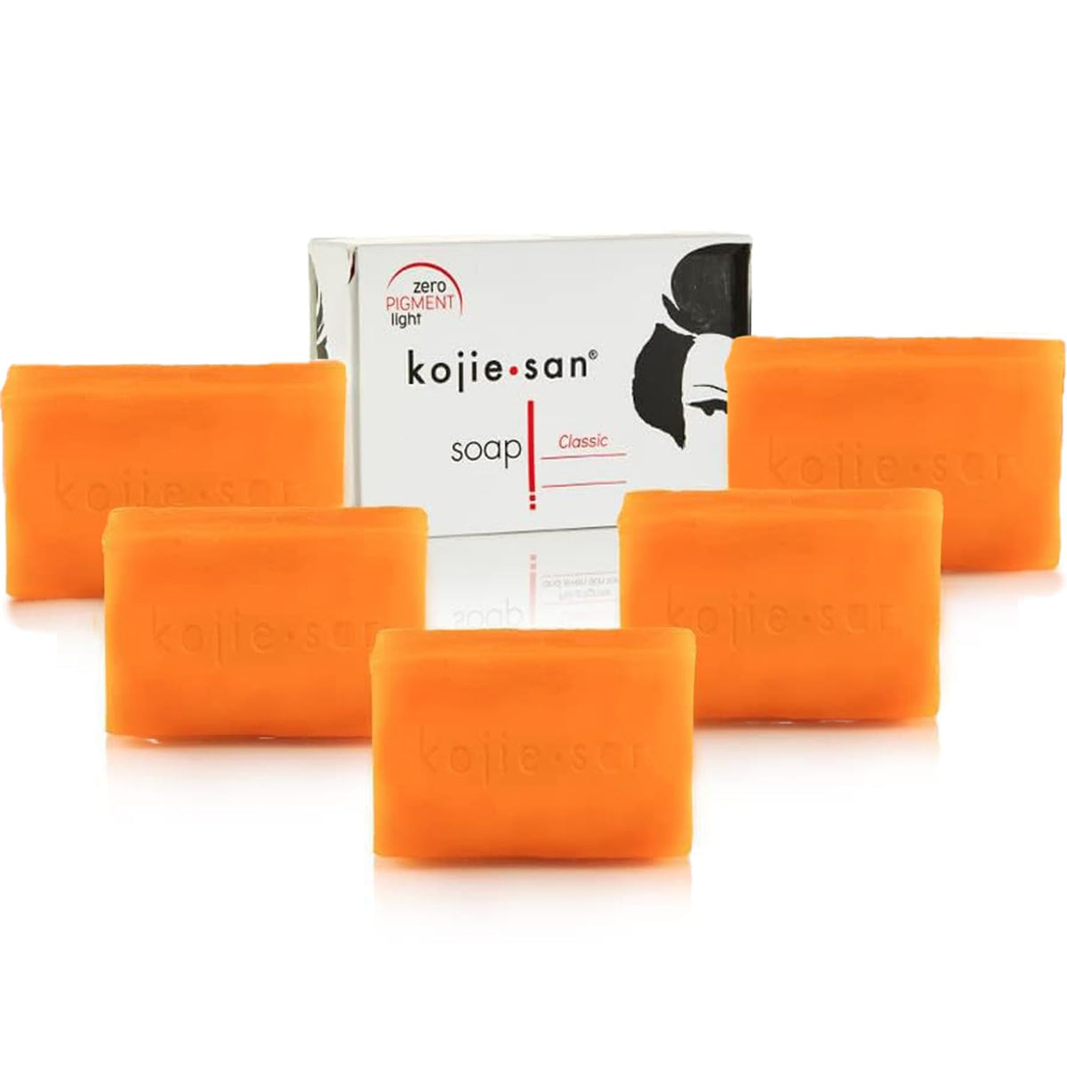Kojie San skin brightening soap packaging shows five bars for even tone