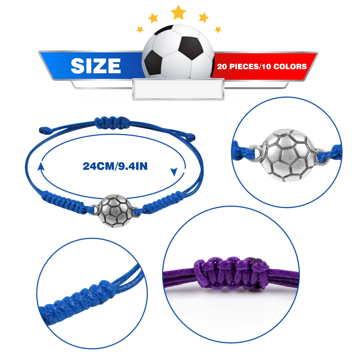 Kolewo4ever adjustable soccer bracelets fit most wrists with secure clasps.