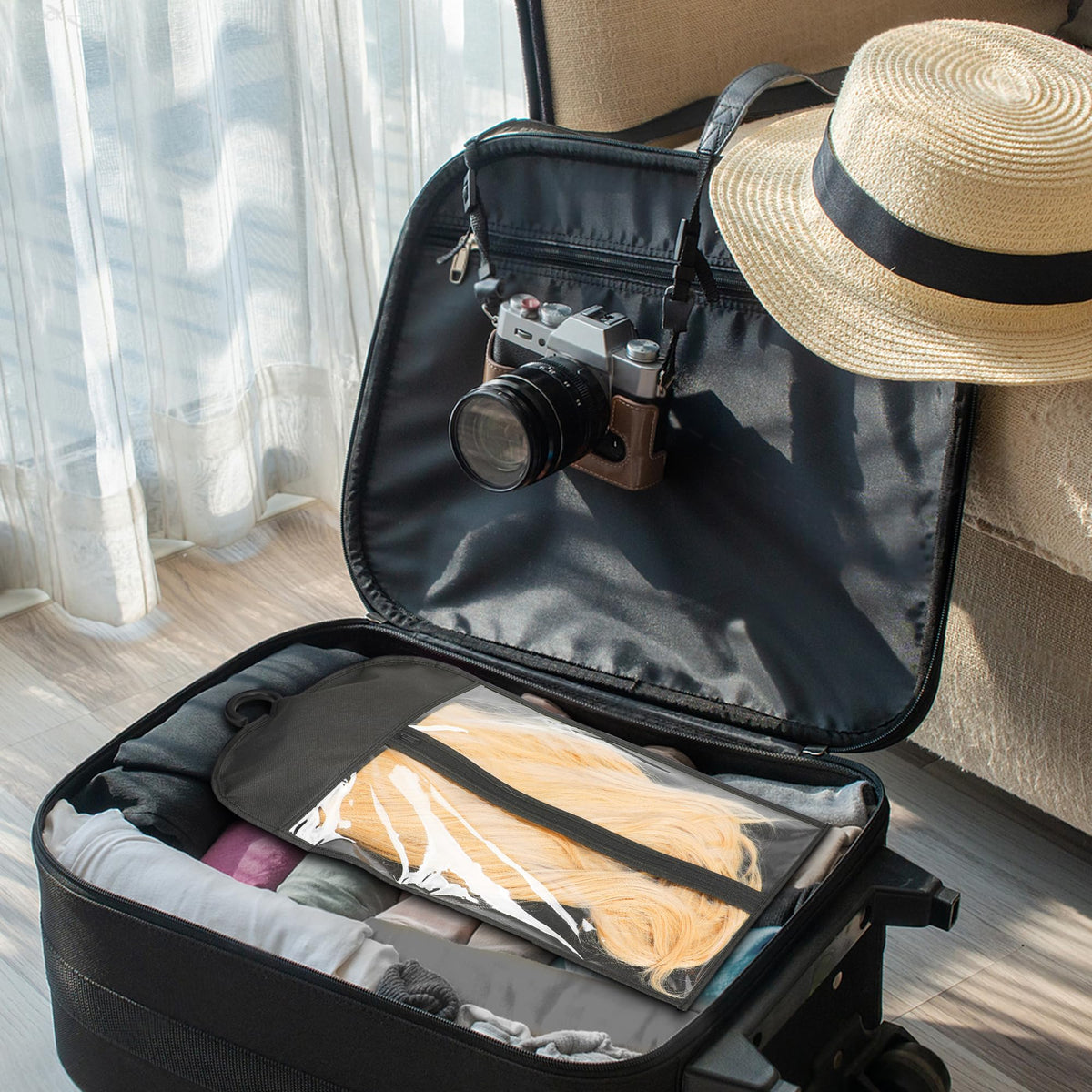KOLLIEE bags help organize wigs neatly in a compact wardrobe.