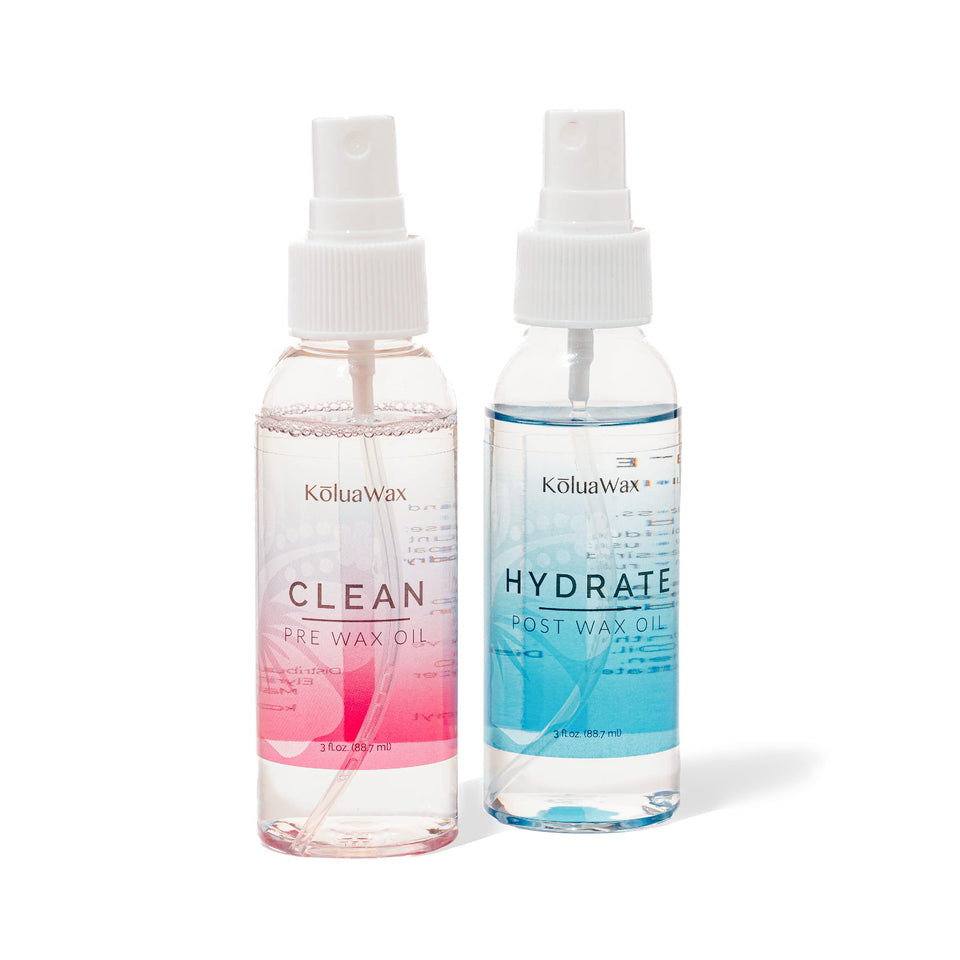 KoluaWax Clean Pre-Wax Oil bottle pour reduces redness and irritation.