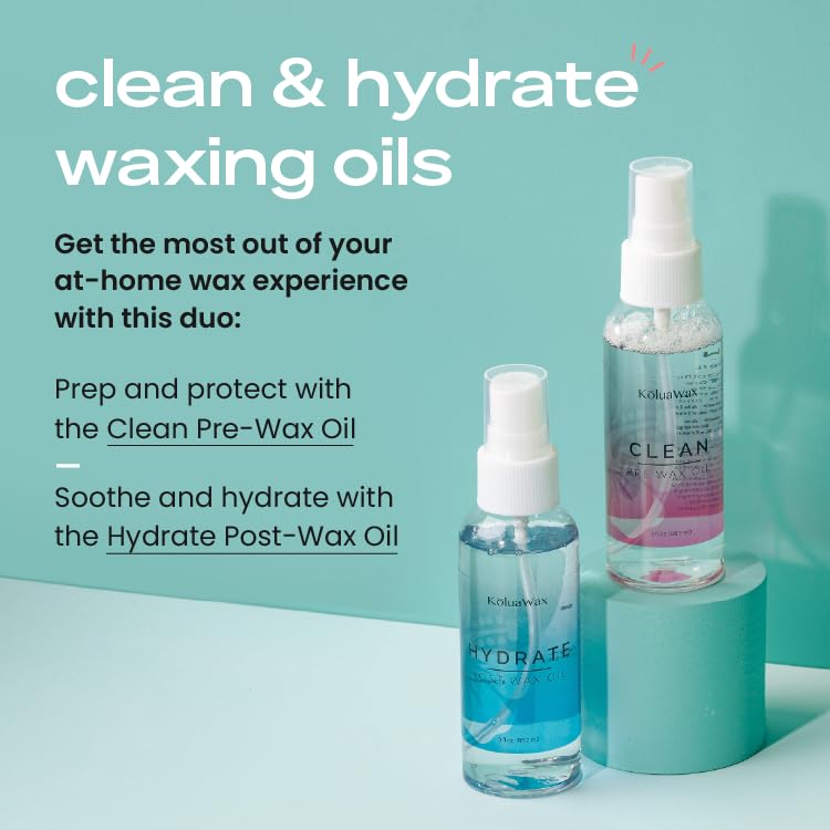 KoluaWax Hydrate Post-Wax Oil bottle application moisturizes skin after waxing.