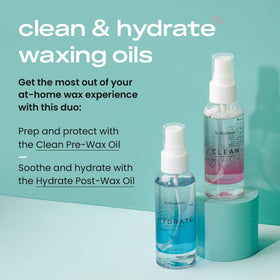 KoluaWax Hydrate Post-Wax Oil bottle application moisturizes skin after waxing.