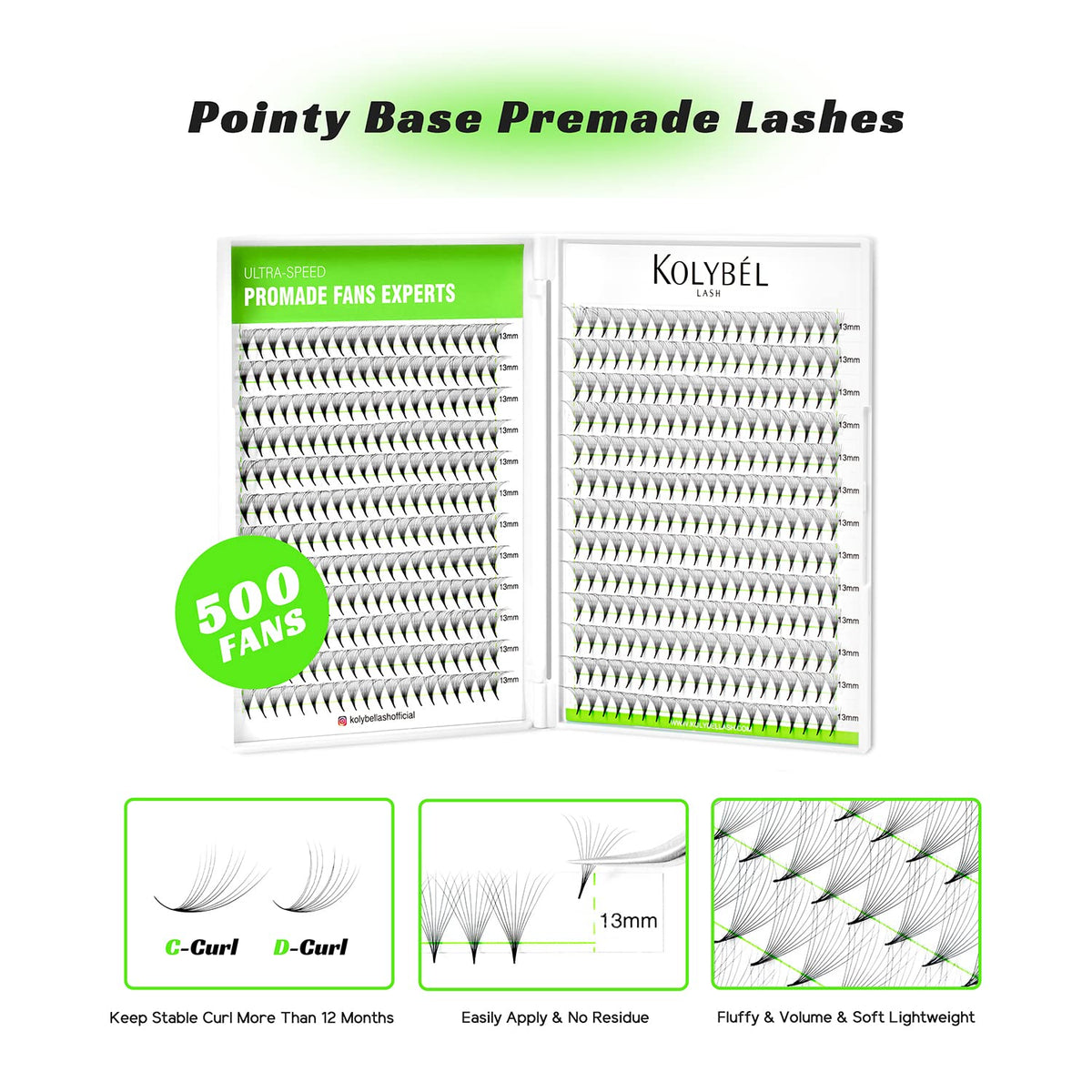 Kolybel 10D lash fans close-up with narrow base for comfort.