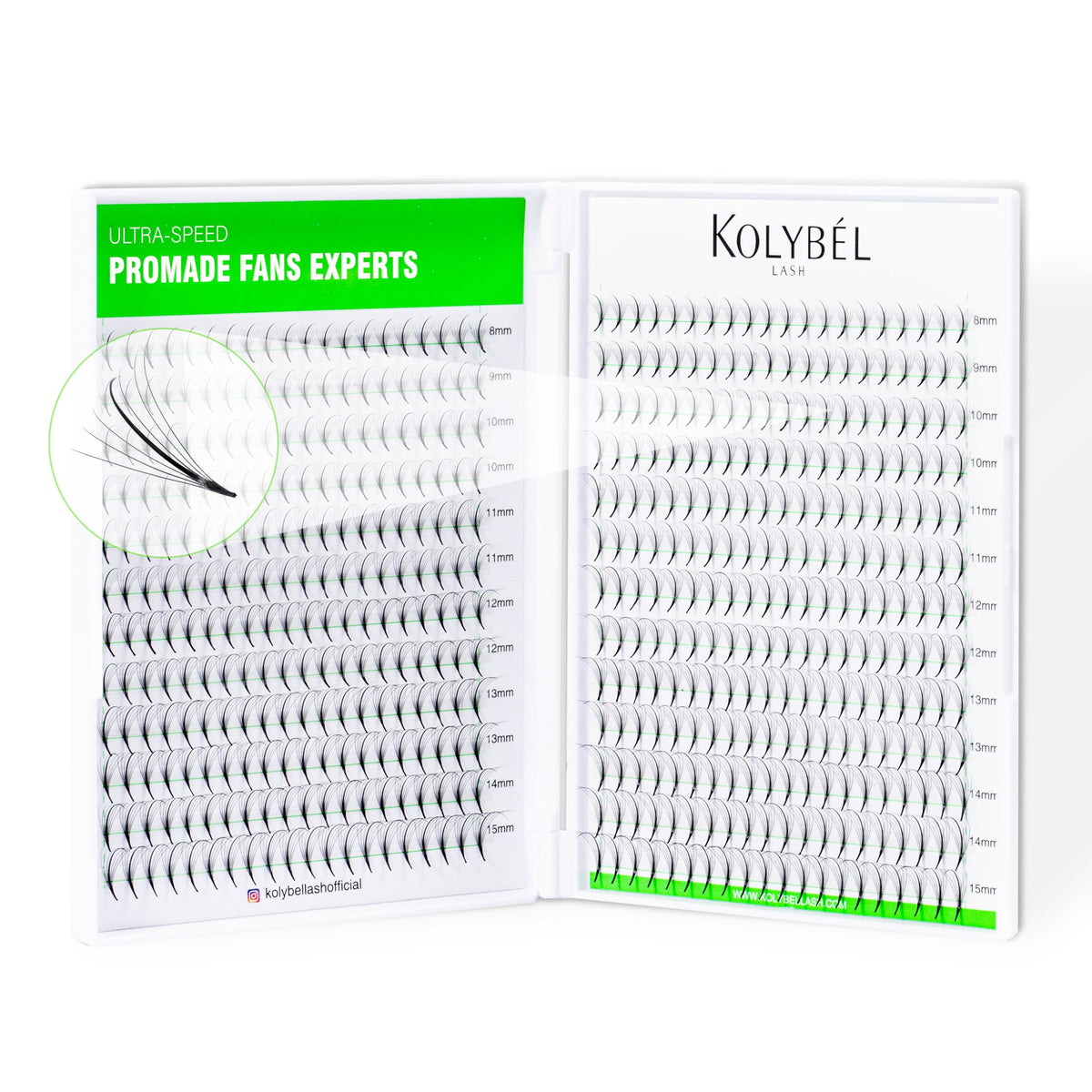Kolybel 500 premade lash fans tray for fast, consistent volume effects.
