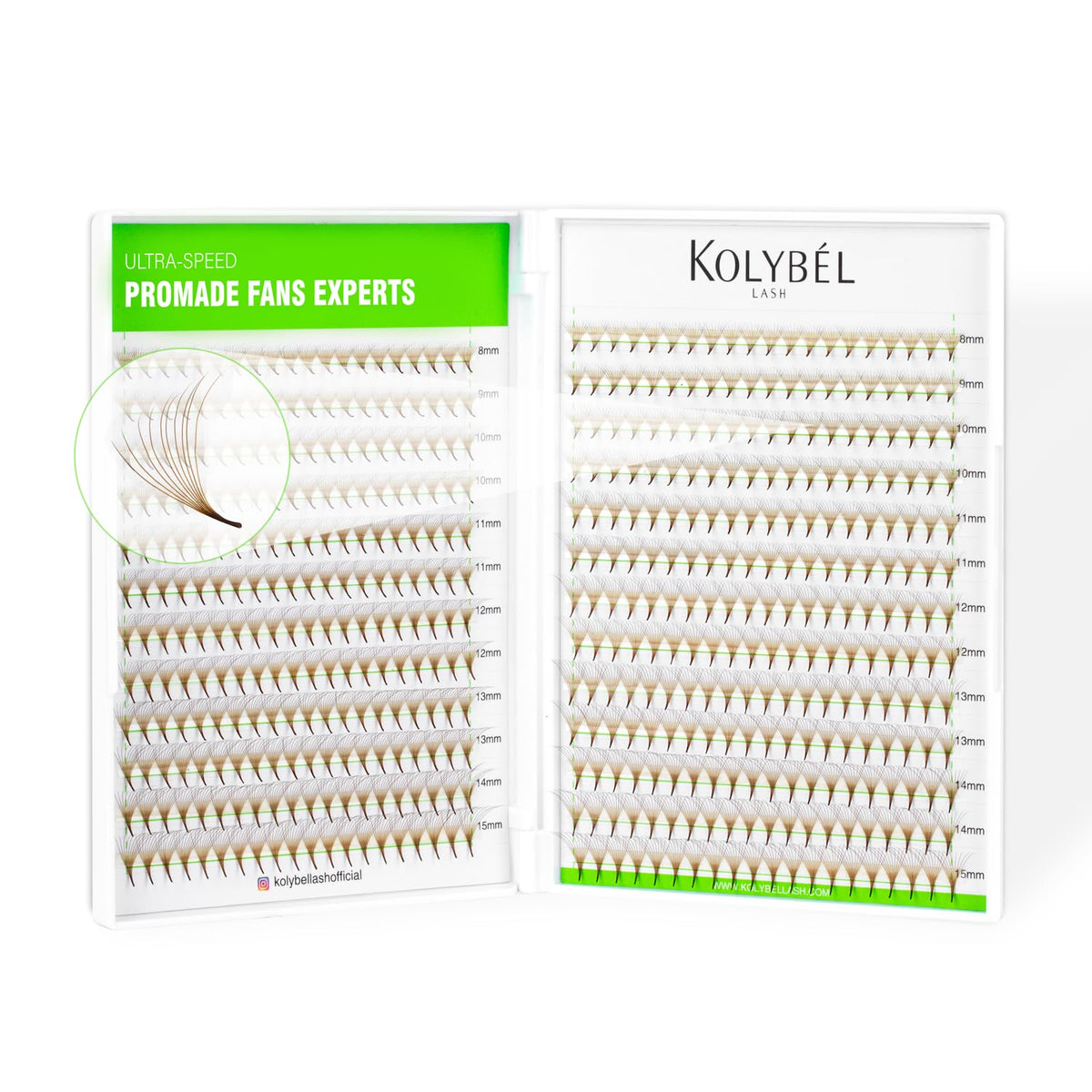 Kolybel Premade Fans 8-15mm brown tray closeup for volume looks