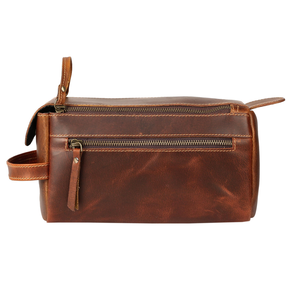 KomalC Buffalo Leather Toiletry Bag - YKK zipper close-up for secure, smooth access.