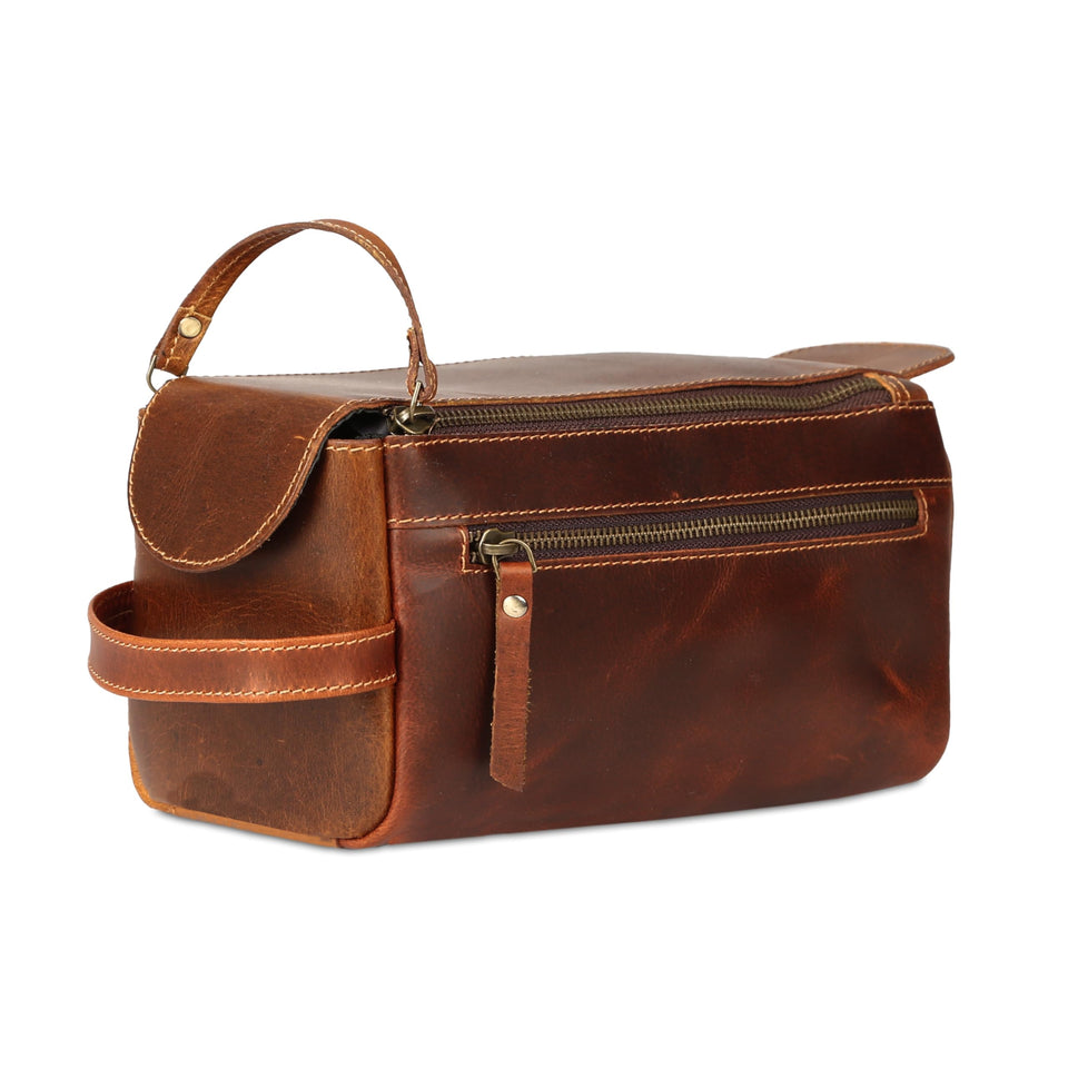 KomalC Premium Buffalo Leather Toiletry Bag - front view showcasing durable grain and artisanal craft.