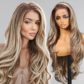 KOME Ash Blonde lace front wig 28-inch with HD lace for seamless daily wear.