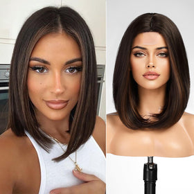 KOME Dark Brown Short Bob Wig front view with natural lace front for daily wear