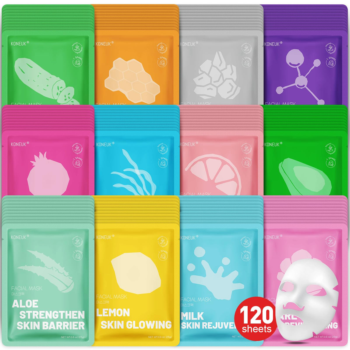 KONEUK 120-pack cover image showing assorted collagen masks for a versatile at-home skincare routine