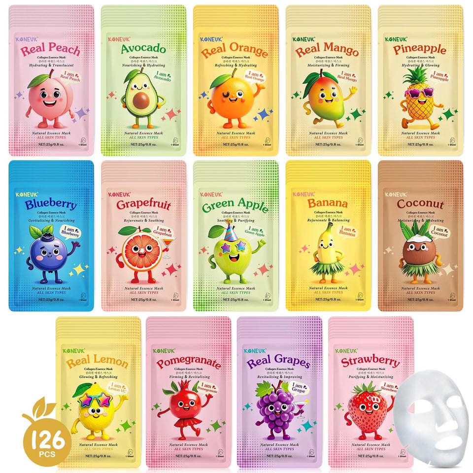 KONEUK 126-pack masks set offers varied fruit flavors for all skin types.
