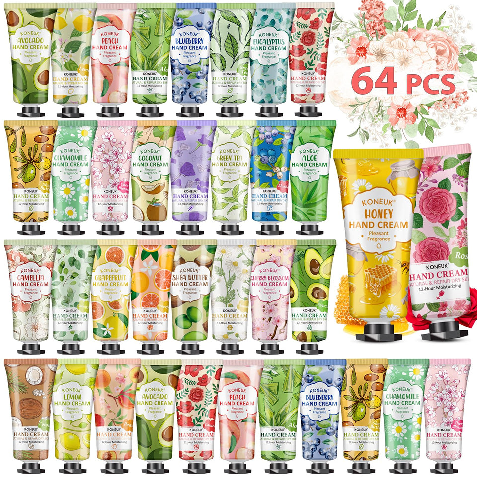 KONEUK 64-pack hand cream set with gift-ready packaging and varied scents.