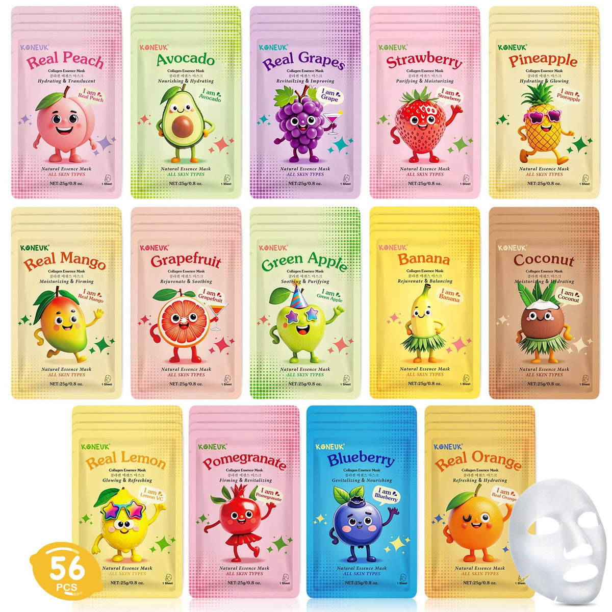 KONEUK fruit mask assortment pack featuring diverse varieties for daily use