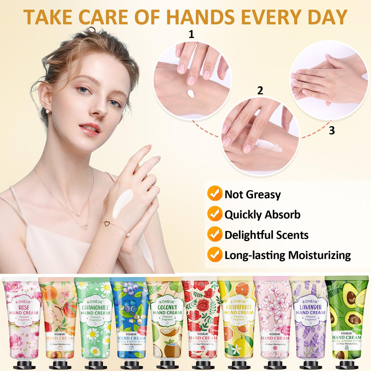KONEUK hand cream close-up shows non-greasy, quick-absorbing texture.