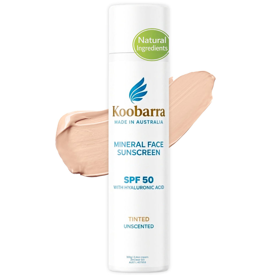 Koobarra mineral face sunscreen jar with tinted formula for sensitive skin.