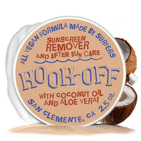 Kook-Off bottle pour mineral sunscreen remover demonstrates quick, gentle cleansing with no white residue.