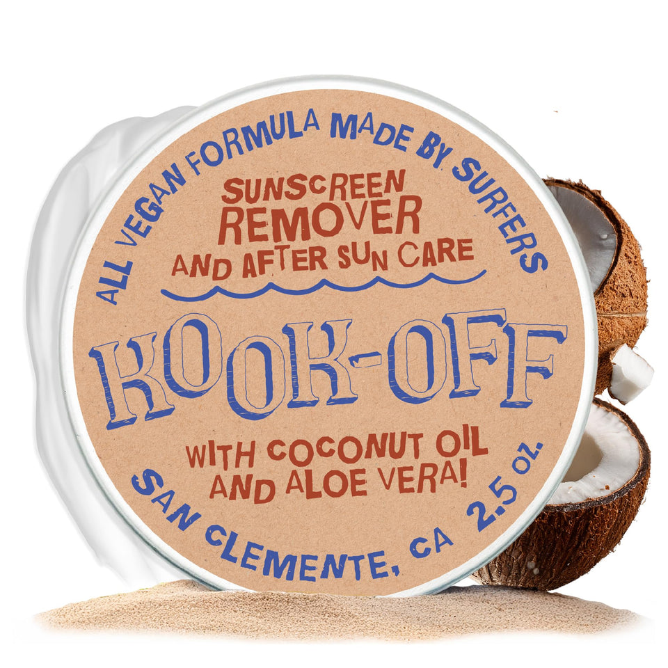 Kook-Off bottle pour mineral sunscreen remover demonstrates quick, gentle cleansing with no white residue.