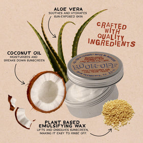 Kook-Off face-beard remover shows effective mineral sunscreen removal without scrubbing.