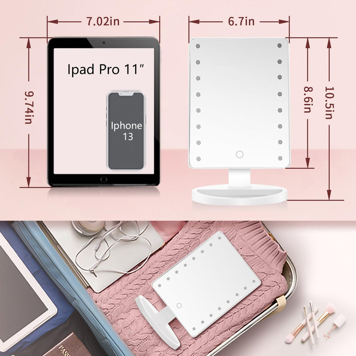 KOOKIN vanity mirror showing 180-degree rotation for flexible viewing angles.