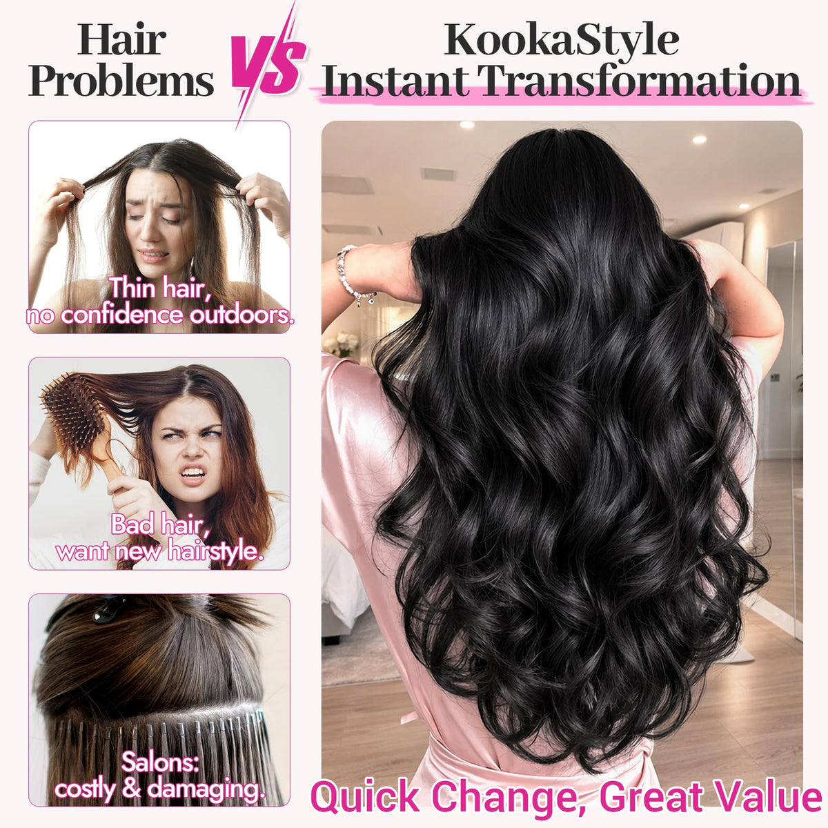 KooKaStyle 20-inch natural black extensions with layered curls blending with natural hair.
