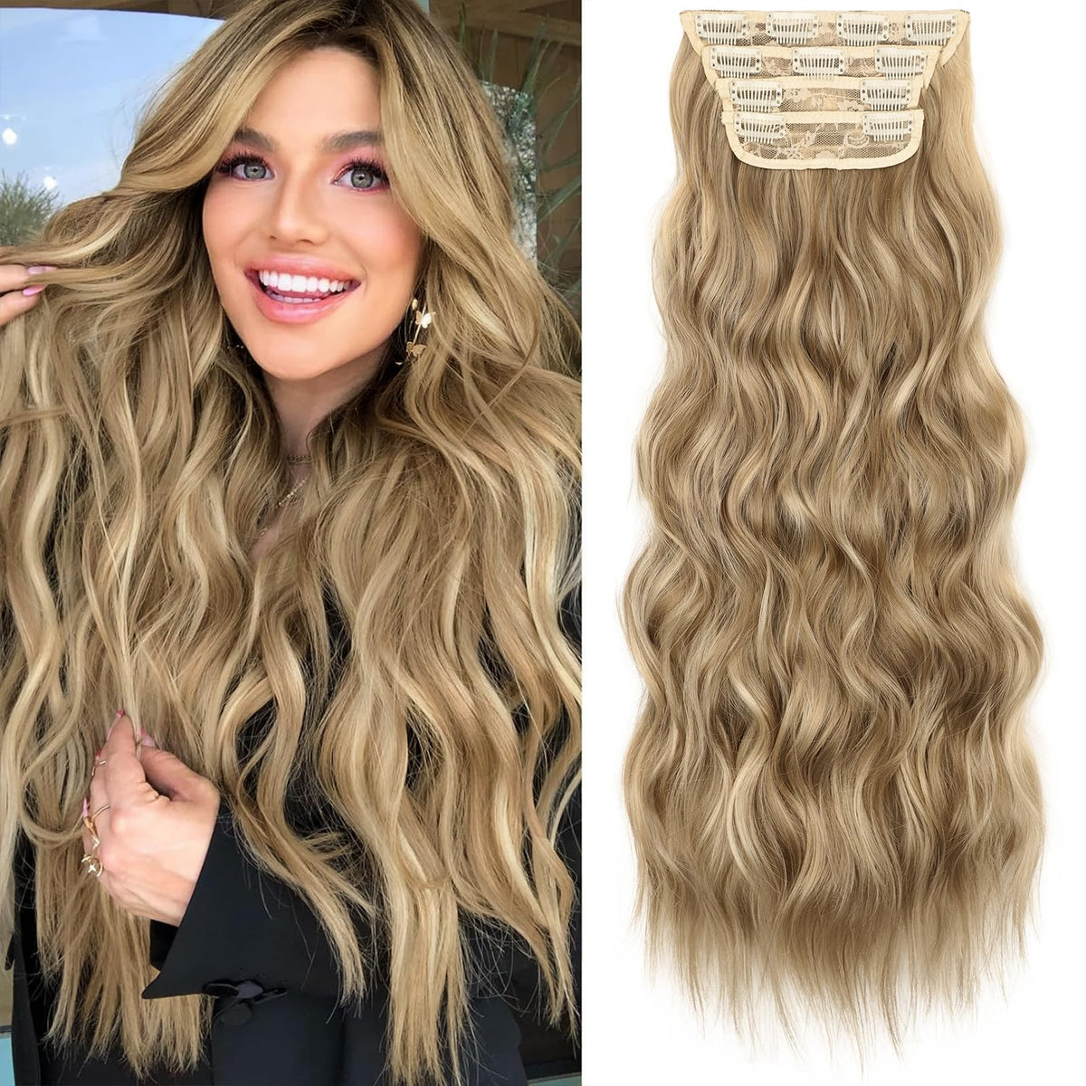 KooKaStyle clip-in extensions in long wavy light brown blend for instant volume.