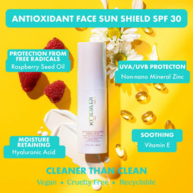 Kopari Antioxidant Face Shield dewy finish close-up highlights glow.